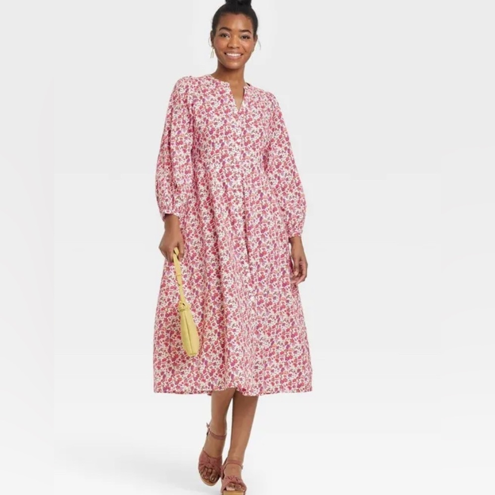 Balloon Sleeve Button Front Midi Dress Floral